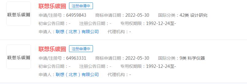 聯(lián)想申請(qǐng)“聯(lián)想樂碳圈”商標(biāo)，目前狀態(tài)顯示申請(qǐng)中